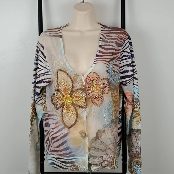Etoile du Monde Sequins Beads cardigan sweater buttons up size 4 multicolor New - Picture 1 of 9